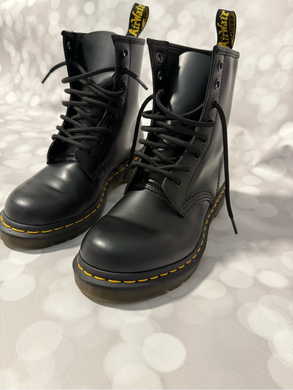 Dr. Martens Black Lace-Up 8-Eye Boots with Yellow Stitching